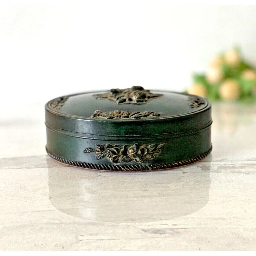 Vintage Victorian Revival Imitation Jet Carved Roses Jewelry Box Black Gothic